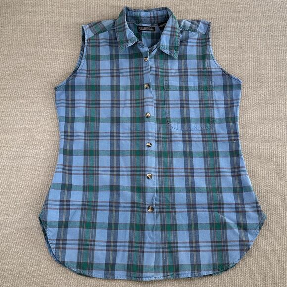 Vintage 90s Outdoorsy button up sleeveless cotton plaid shirt Western Cowgirl M - Picture 1 of 6
